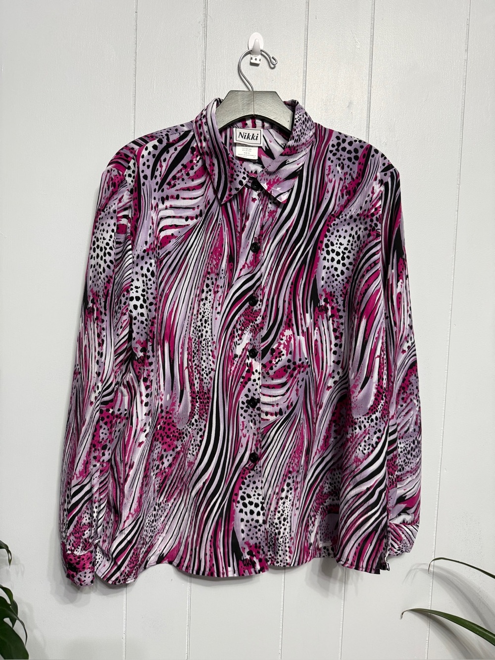 #18)  Nikki Pink Black Swirl Button-Up Blouse